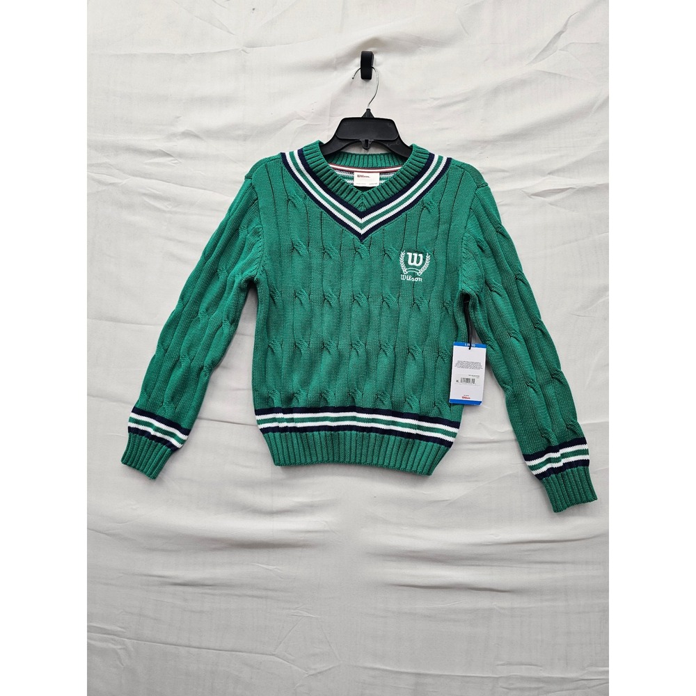 Wilson Girls Courtside V-Neck Pullover Sweater Green Cotton Blend Casual Size L